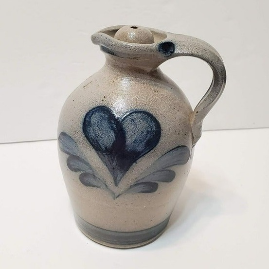 Vintage Rowe Pottery Works Salt Glazed Jug, Cobalt Blue Heart, 1991
