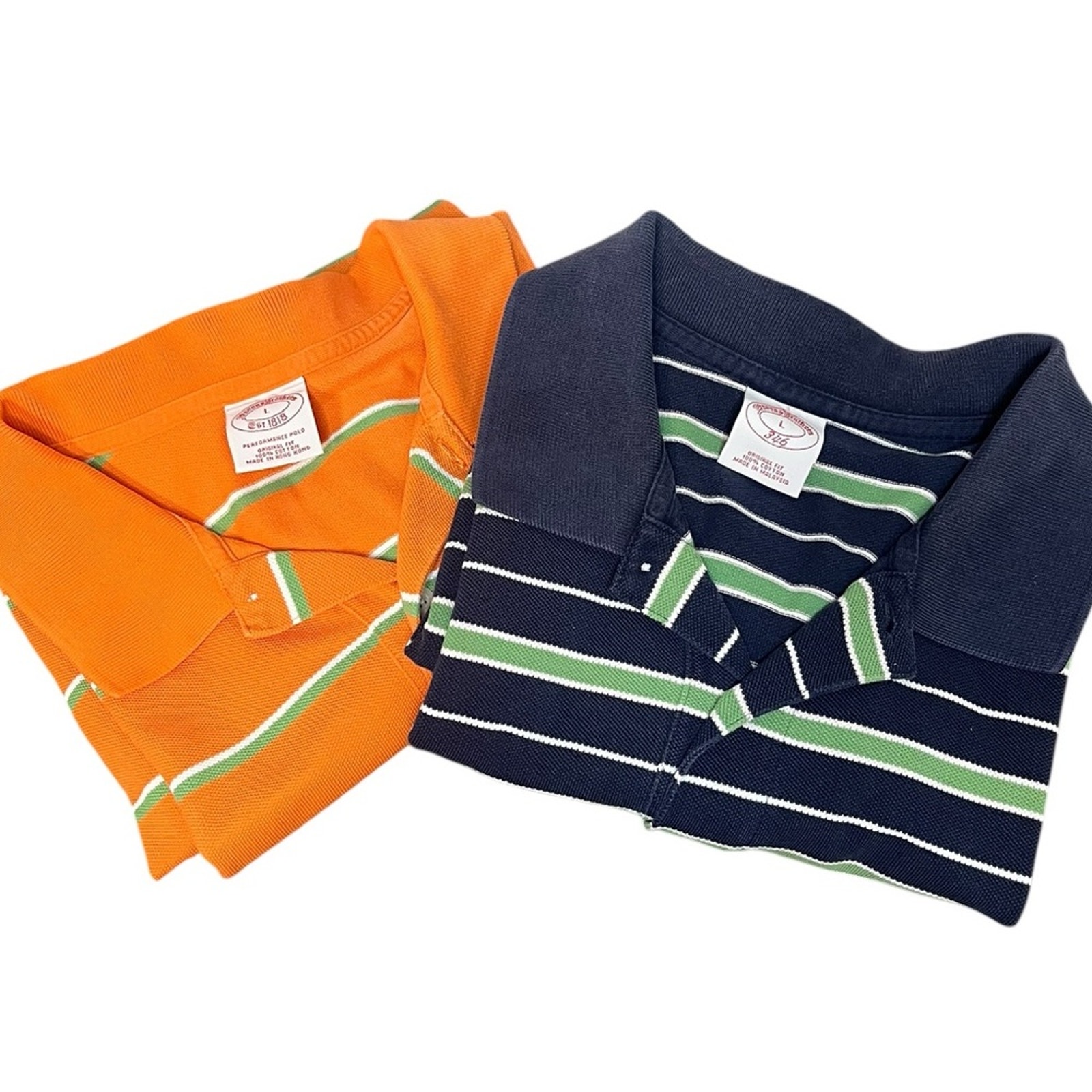 BROOKS BROTHERS 2 Pack 1) Navy & 1) Orange Striped Polo Golf Shirt Men’s Size L