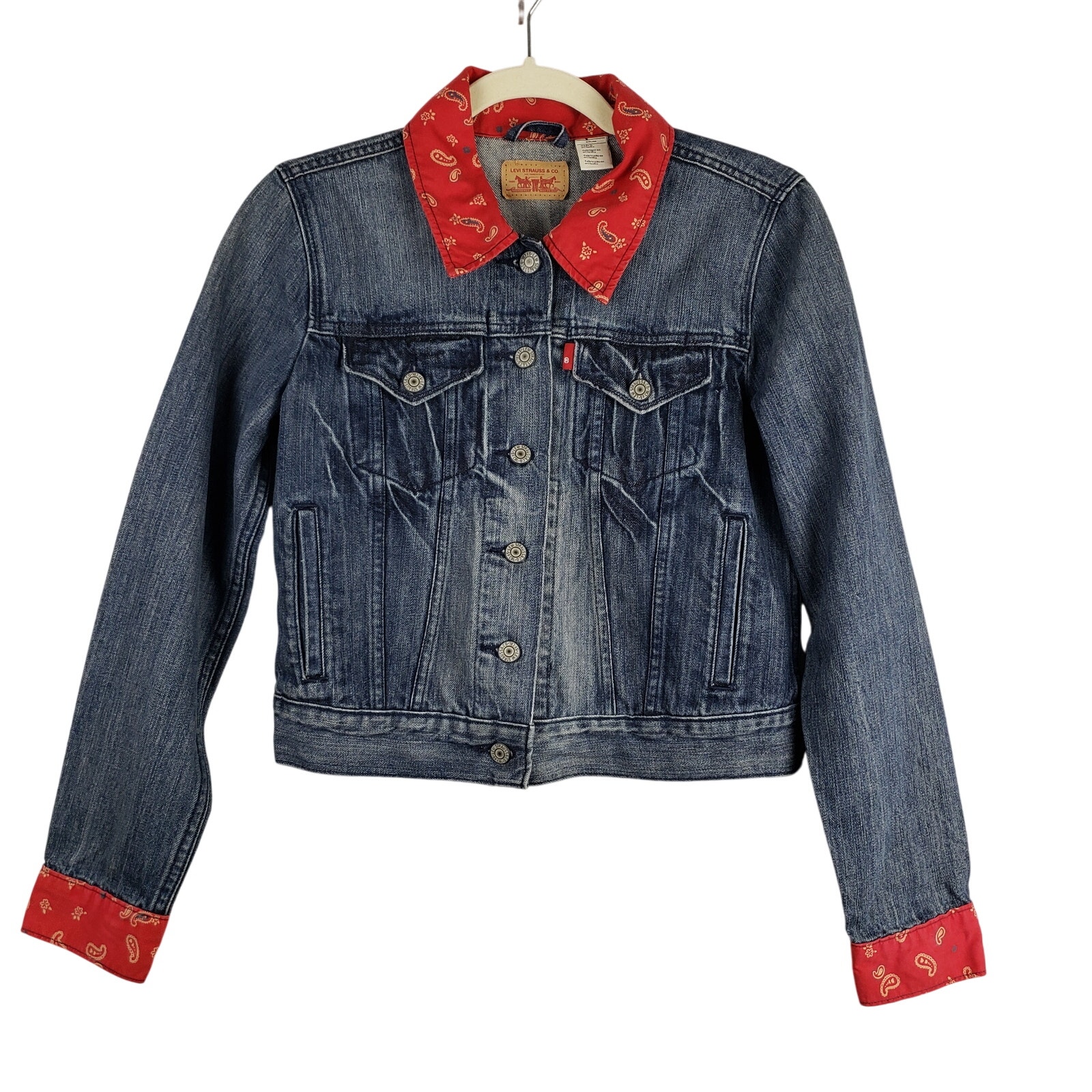 Levis Women's Size S Red Paisley Trim Denim Trucker Jean Jacket Western Cowgirl
