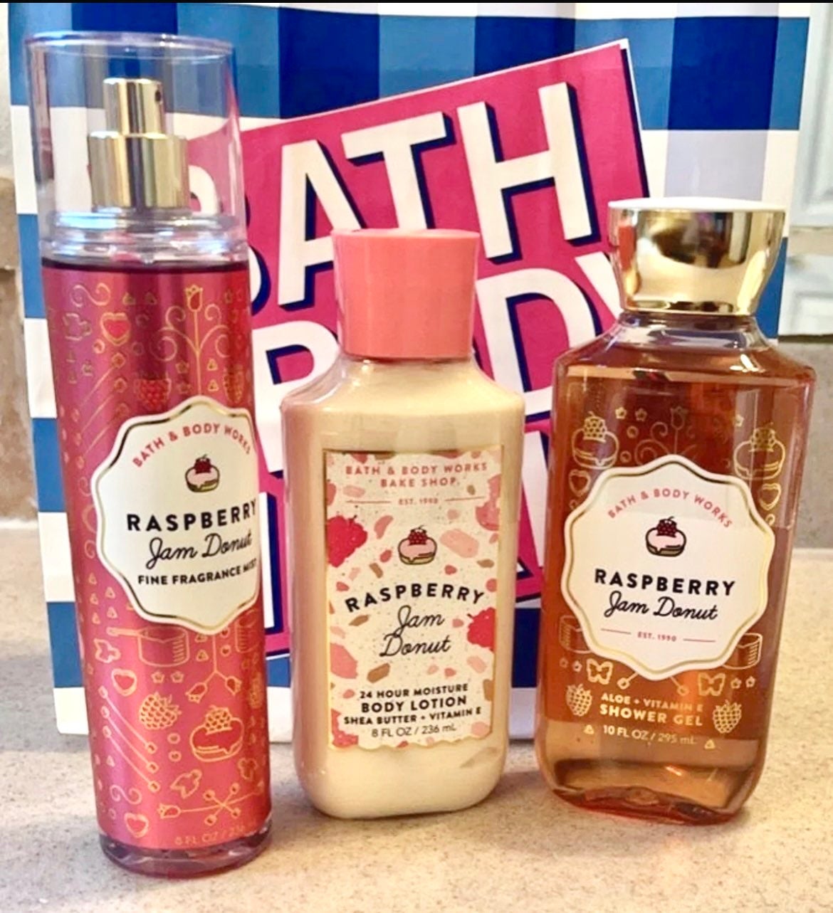 Bath & Body Works Raspberry jam donut body cream, fragrance mist, shower gel