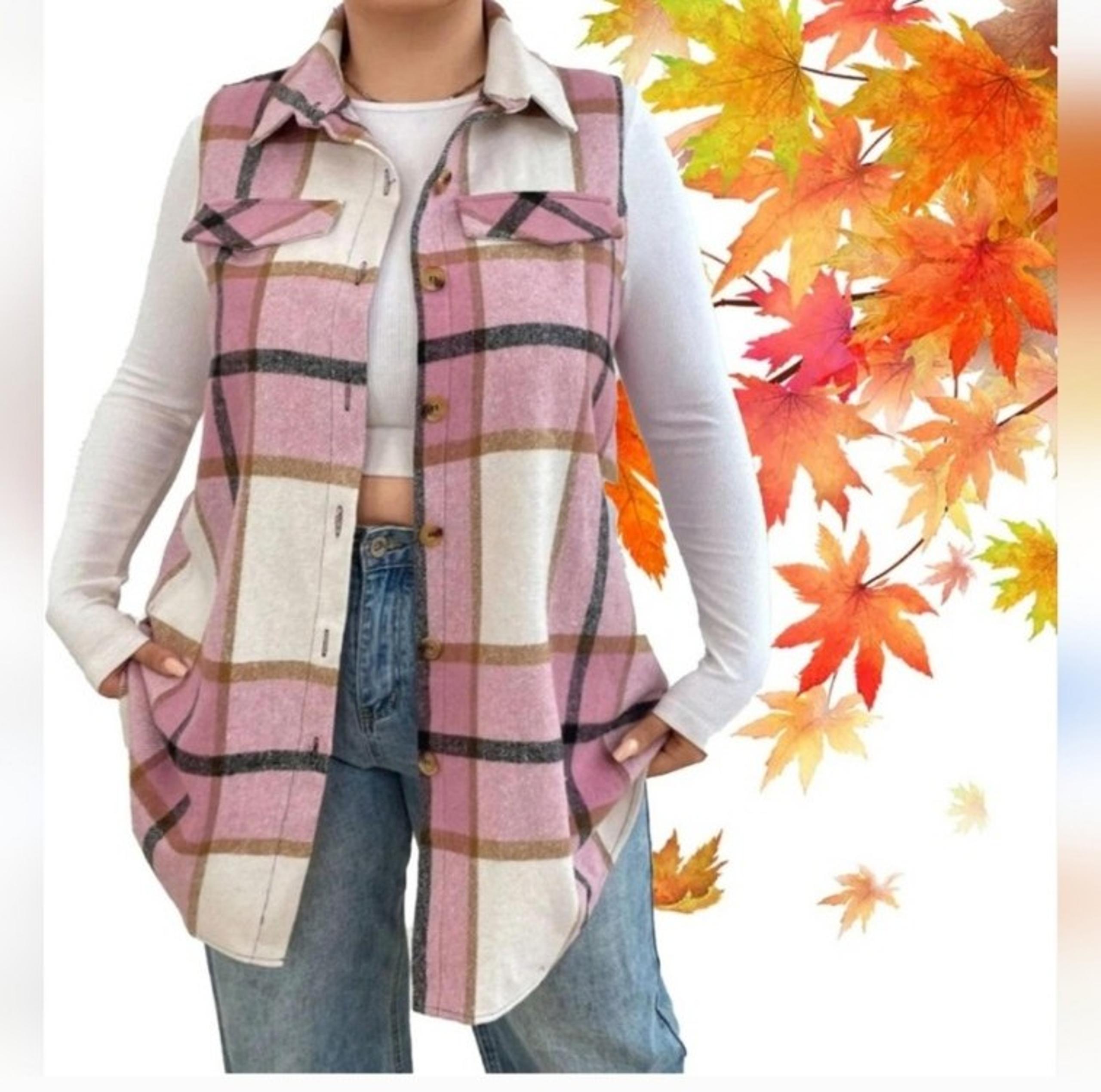 New Women's Plus Size Plaid Lightweight Long  Flannel Vest With Pockets Pink 5X