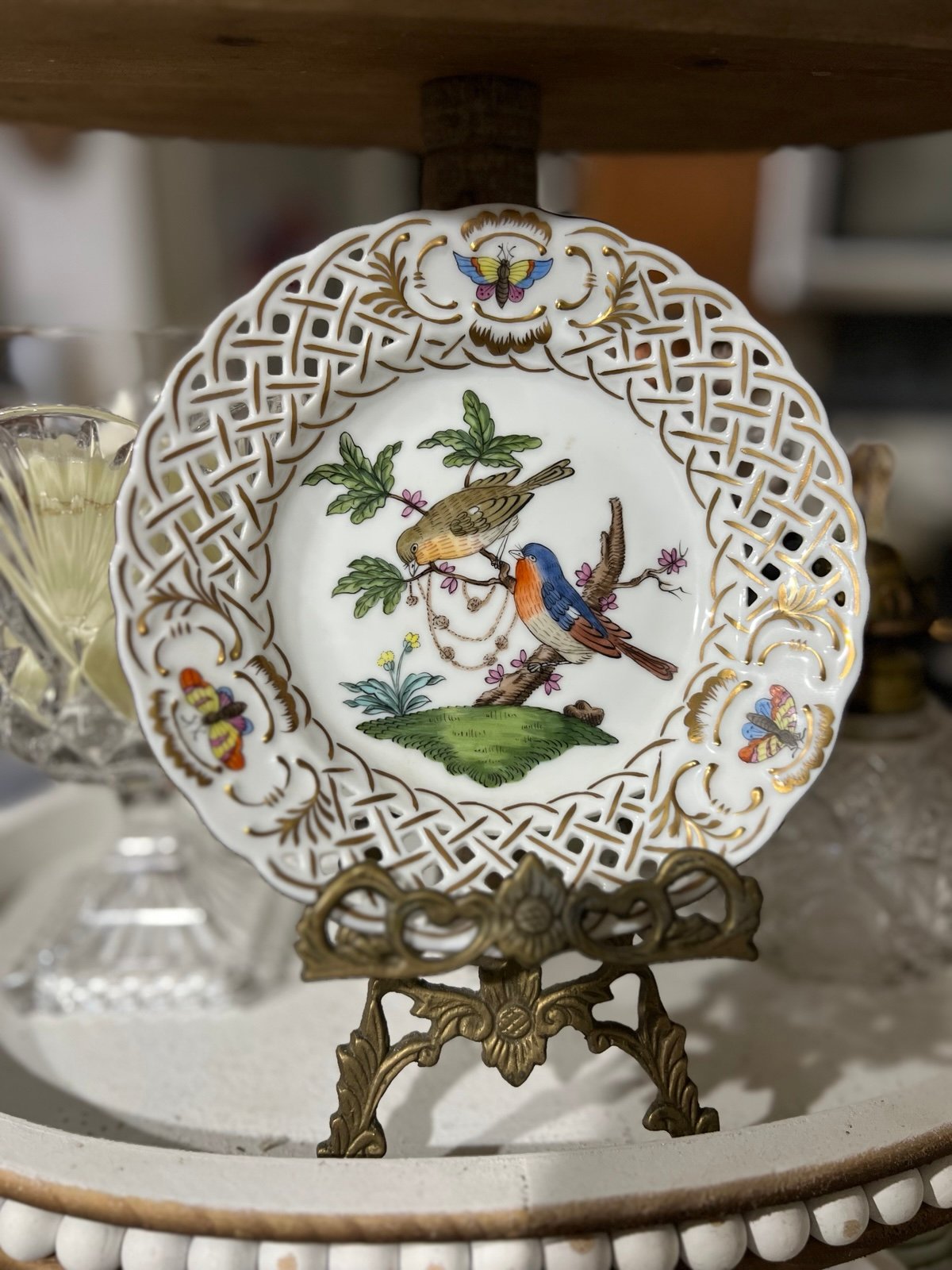 Small Reticulated Pierced Porcelain Herend Rothschild Bird Plate Hand Painted 6”