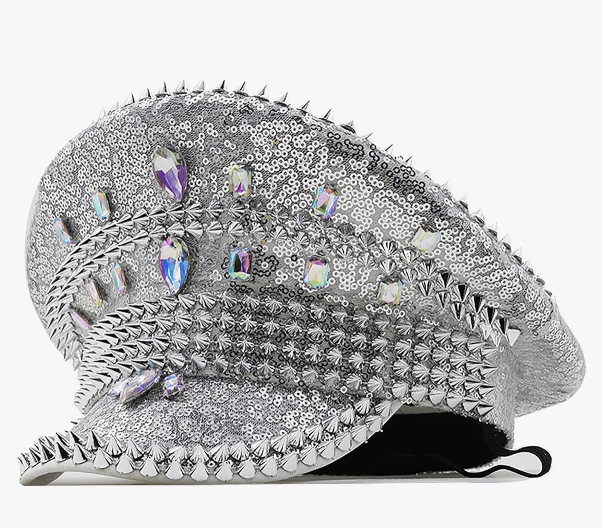 New- Women Rhinestone Captain Hats Men Punk-Rock Military Cap Sequins Disco Part