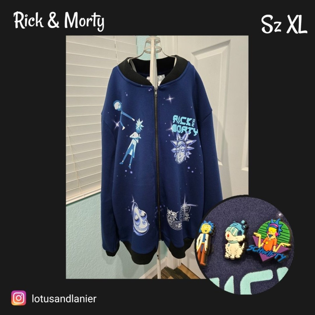 Rick & Morty Blue Graphic Zip-Up Jacket XL w/ Rick & Morty Shoe Charms Set of 3