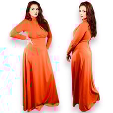 Vintage 1970s Womens Orange Maxi Long Sleeve Studio 54 Disco Dress XS - S