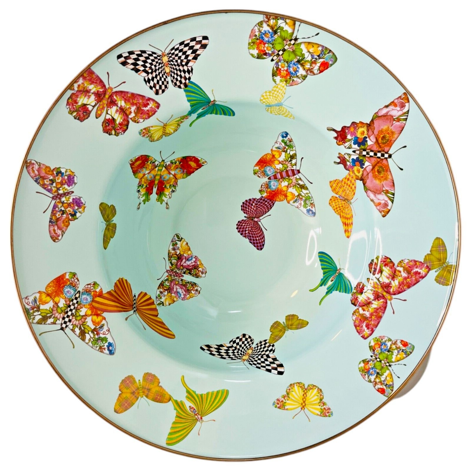 MacKenzie Childs Serving Bowl Sky Blue Butterfly Garden Check Enamel Large 11.5