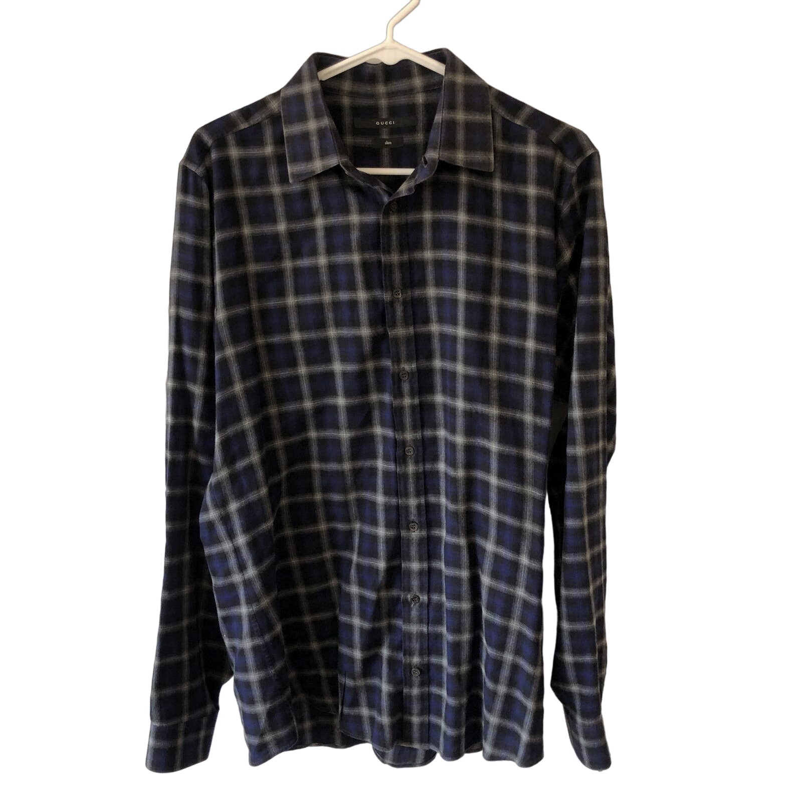 GUCCI Men's Blue Plaid Slim Fit Button Down Flannel Long Sleeve 16 41 Authentic