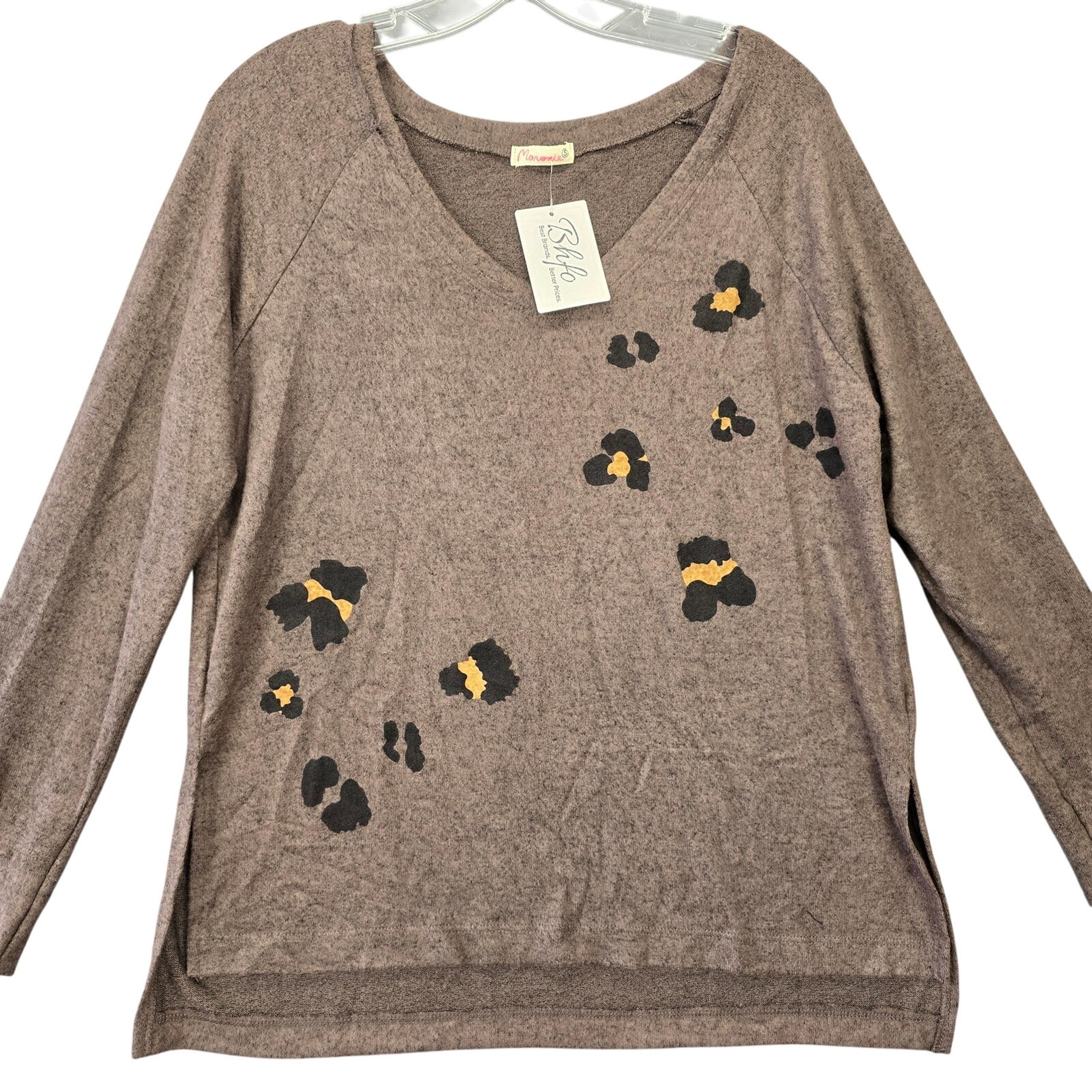 Anthropologie Maronie Women Sweater Size S Brown Stretch Long Sleeve V-Neck Knit