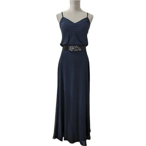Birdy Grey Bridesmaid A-line Chiffon Crepe Maxi Dress Waist Belt in Navy Size XS