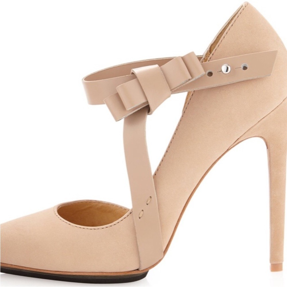 L.A.M.B Bow strap suede leather Beige heeled pump with dust bag
