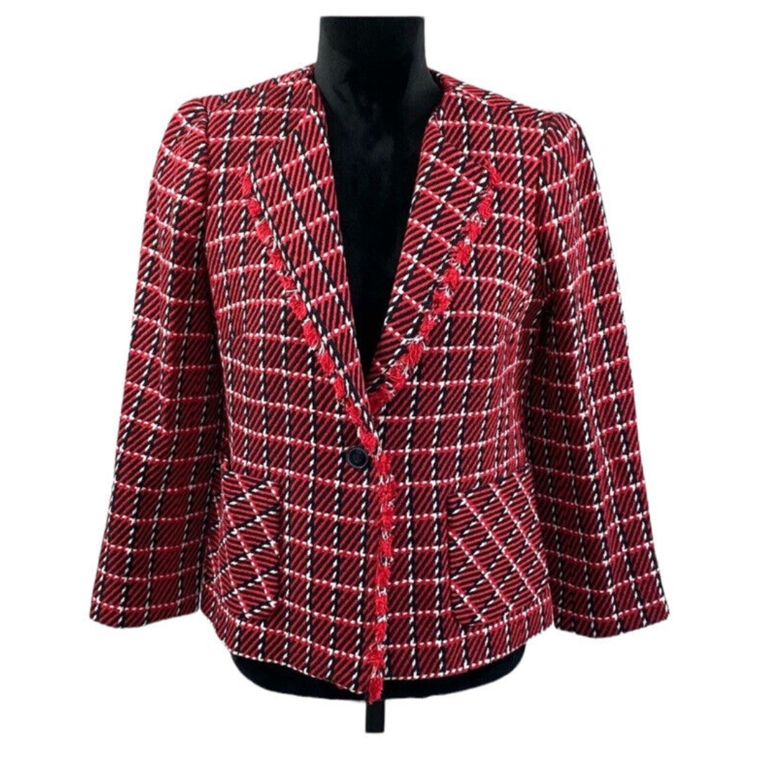 Talbots Womens Plaid Tweed Fringe Trim Blazer Jacket Size 6 Single Button NWOT