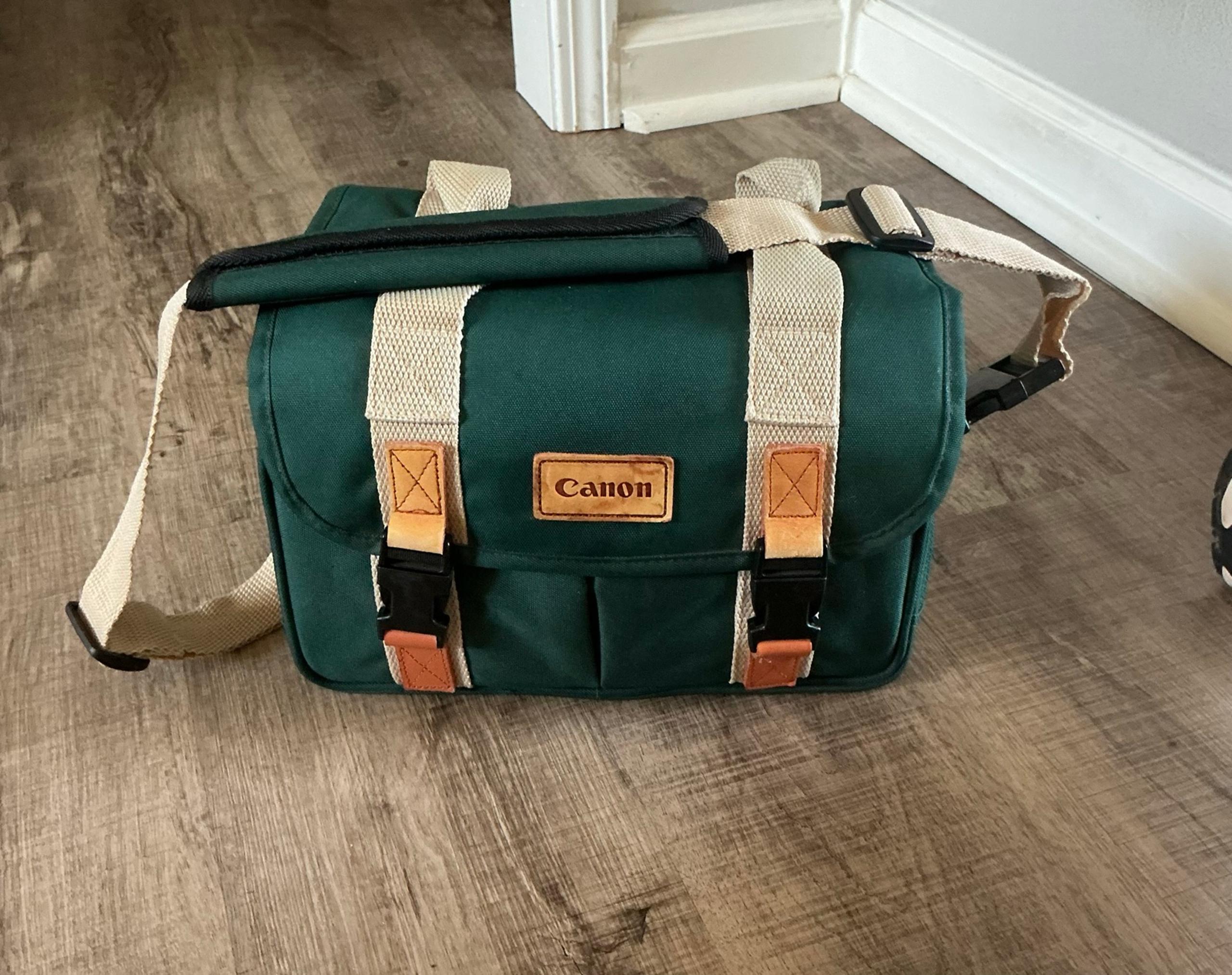 Vintage Canon Camera Bag Retro Green and Tan w/ Shoulder Strap 12 x 7 x 8