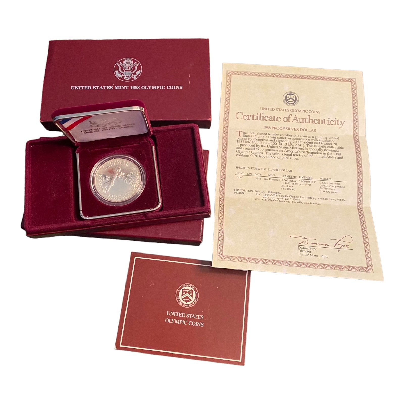 1988 U.S. Mint Olympic Commemorative 90% Silver Dollar Coin with Box & COA