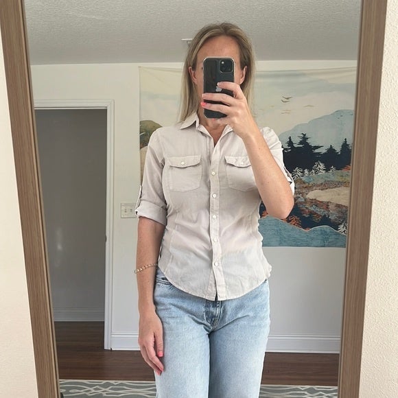 James Perse Sheer Slub Side Panel Shirt Pearl Size 2