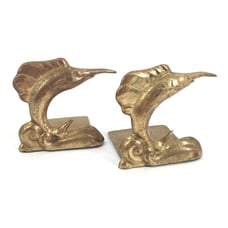 Pair of Antique Brass Bookends Marlin Fish Swordfish Set Gold Tone Heavy