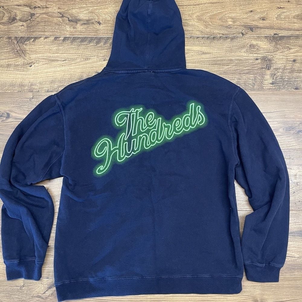 New The Hundreds Large Dark Blue Graphic Hoodie Sweatshirt Neon Green Neon Sign