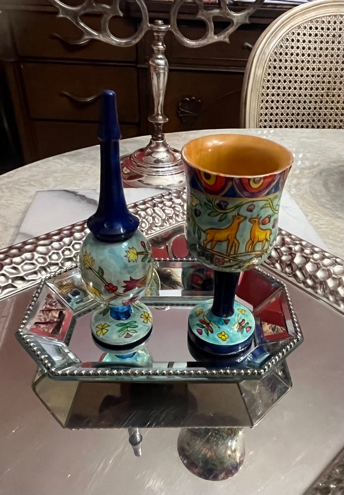 Yair Emanuel Hand-Painted Havdalah Wood Kiddush Cup & Spice Container
