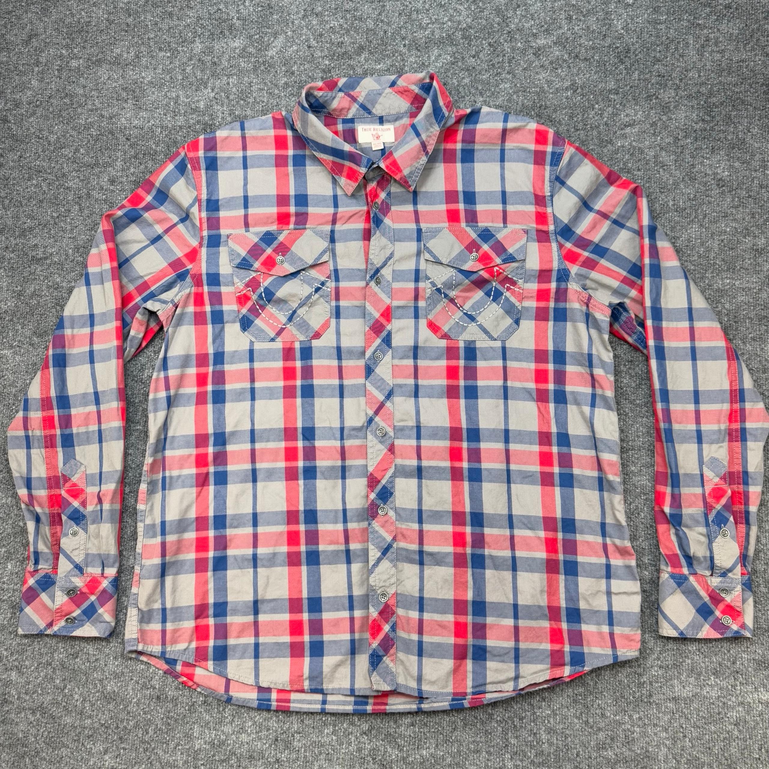 True Religion Plaid Button Up Shirt Utility Woven Red Blue Grey Men’s Size 2XL