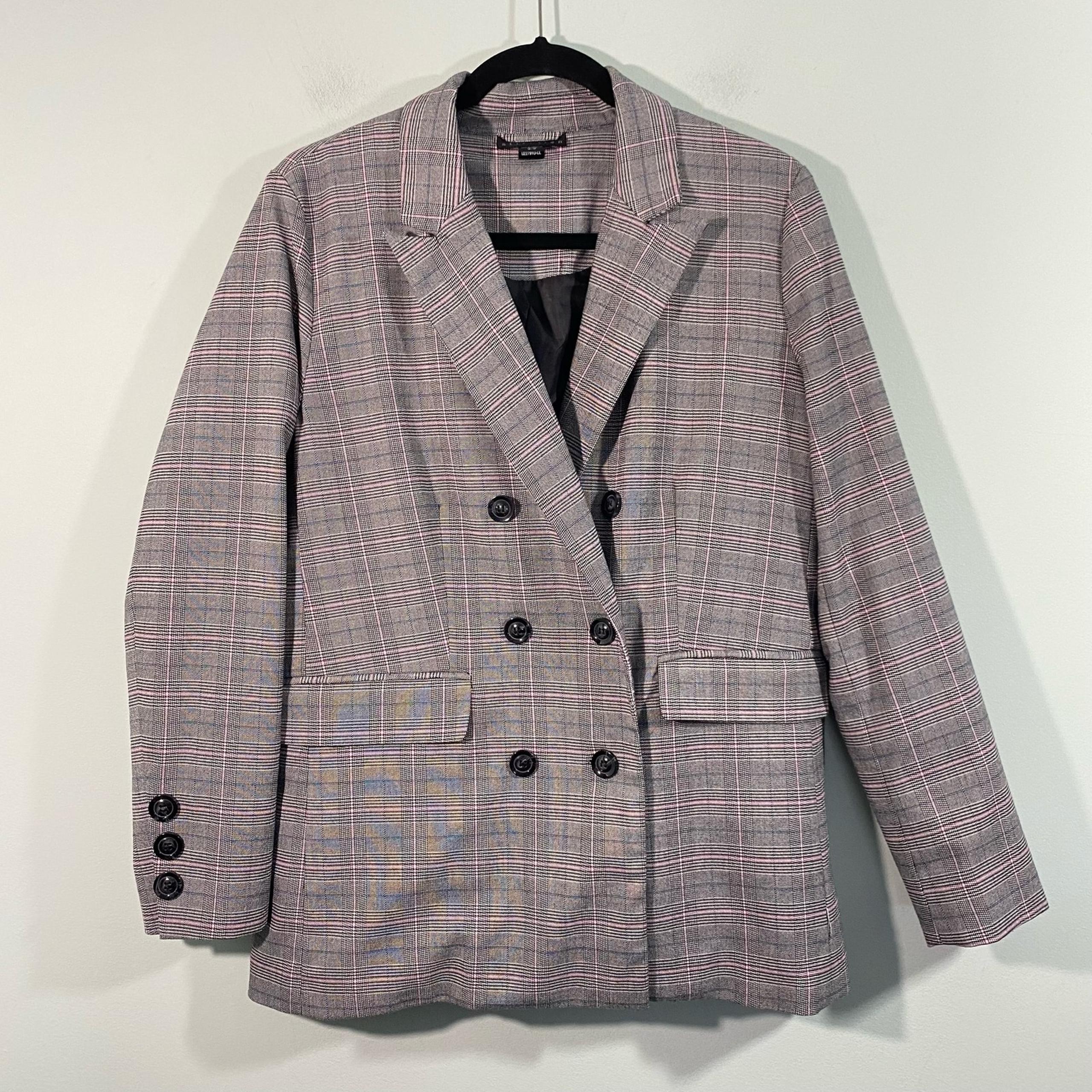 Vintage Y2K Attention Pink & Grey Plaid Hip Length Double Breasted Blazer Size M