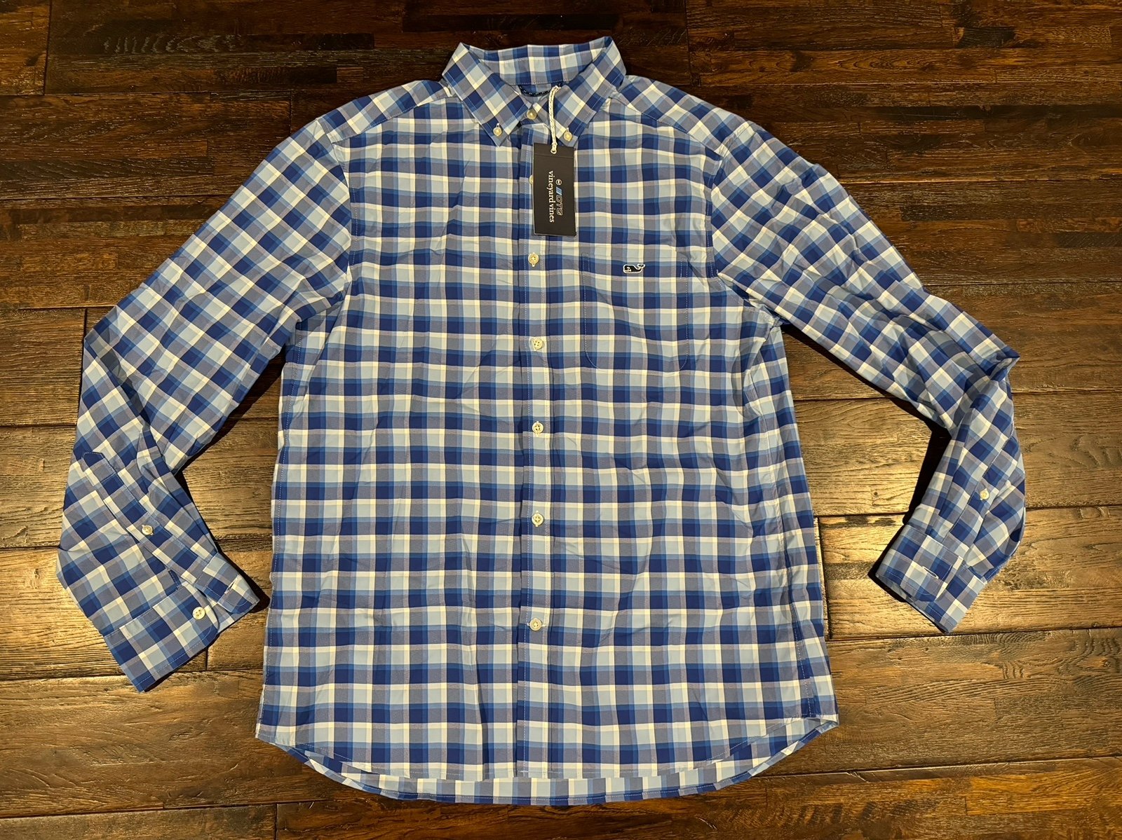 Vineyard Vines OTG Performance Mens Blue Gingham Golf Buttondown Polo Shirt