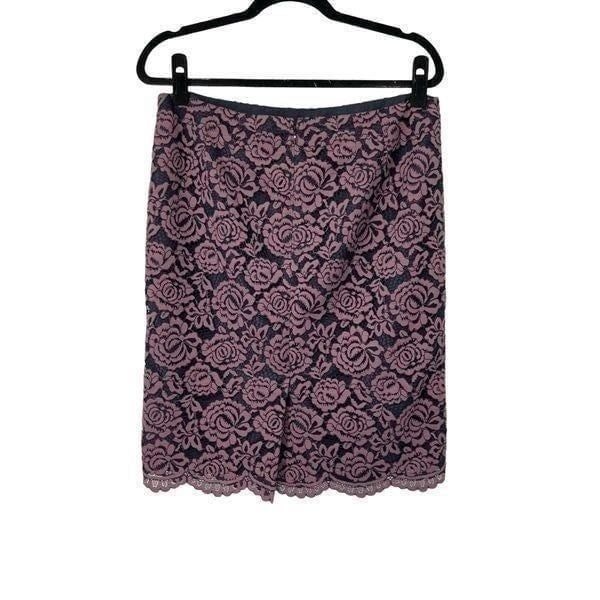 Ann Taylor Factory Navy Blue Purple Lace Scalloped Hem Pencil Skirt