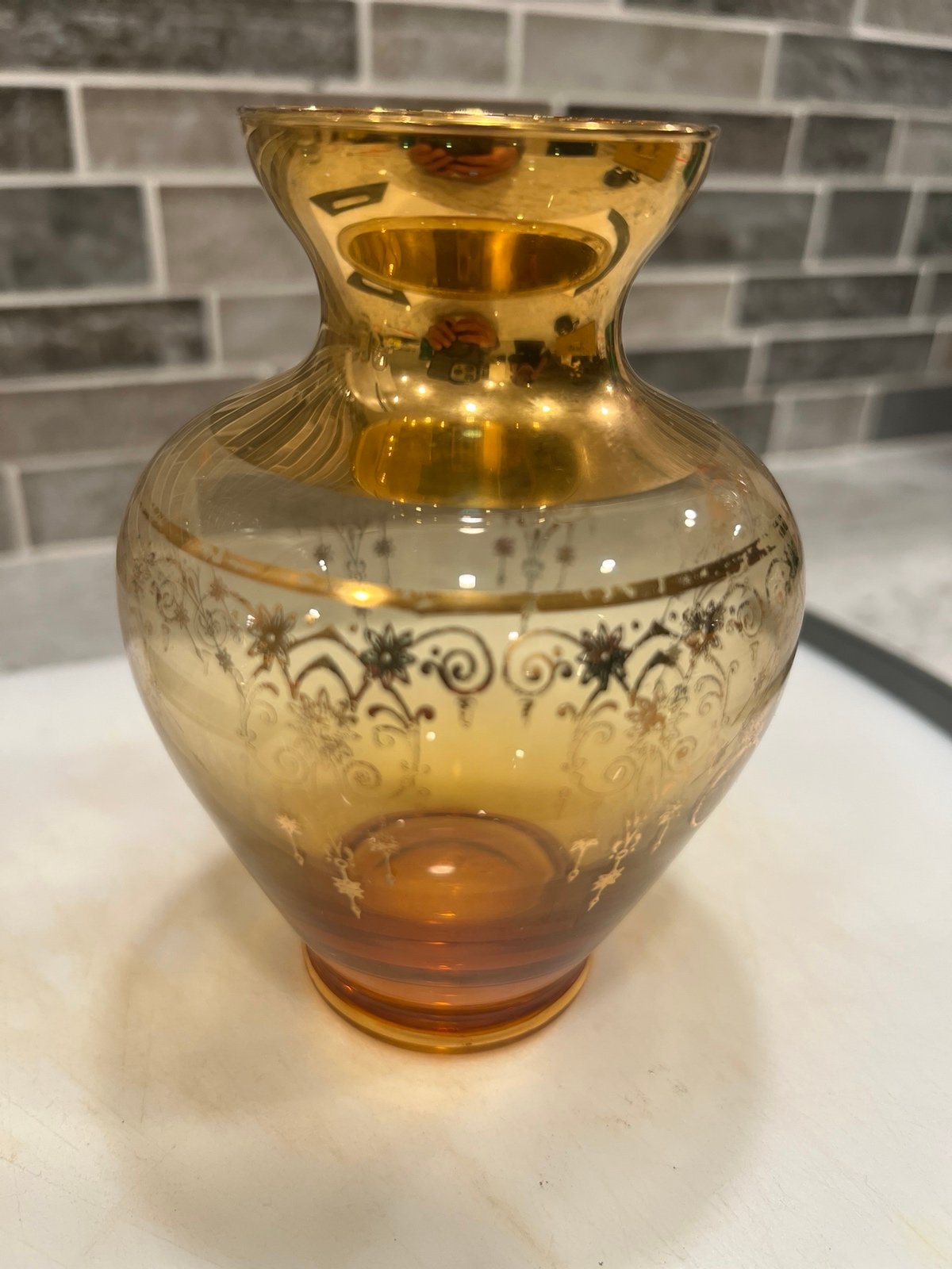 ecchia Murano Signed Vintage Amber Glass Vase, Hand Painted
