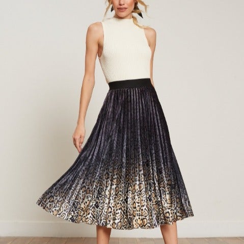 OMBRE LEOPARD PRINT PLEATED VELVET MIDI