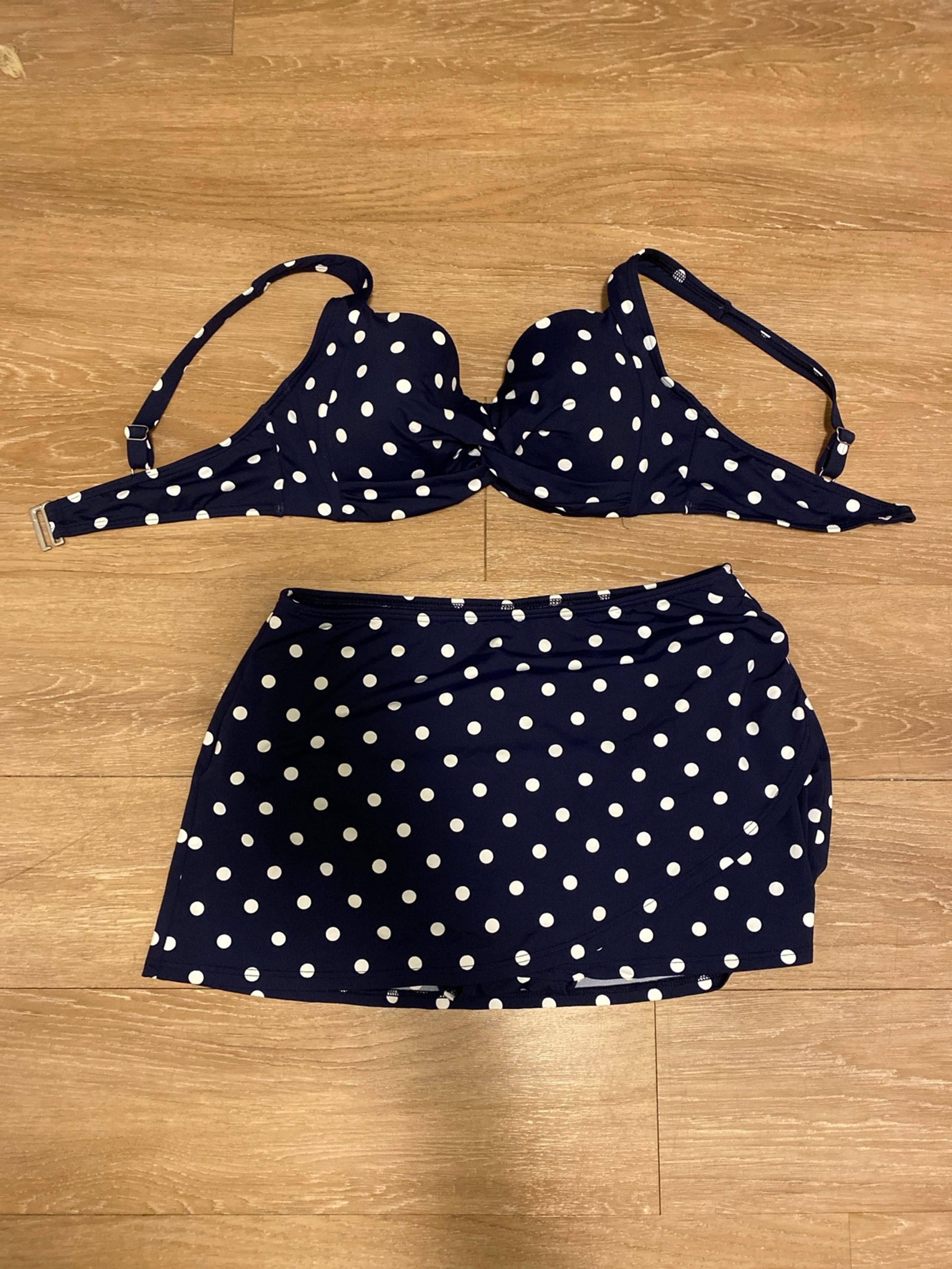 Lands End Women’s Two piece Polka Dot Navy Blue Swimsuit.