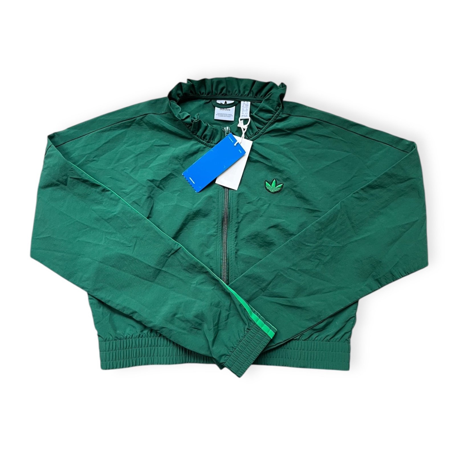 RARE NWT Adidas Originals Dk Green Ruffle Neck Cropped Windbreaker Jacket, Sz Sm