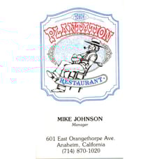 The Plantation Restaurant Mike Johnson Anaheim CA Vintage Business Card SD8-B6