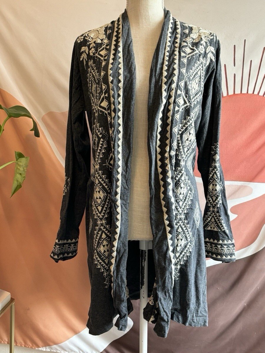 Johnny Was Tulia Embroidered Gray Duster Cardigan Boho Size Large