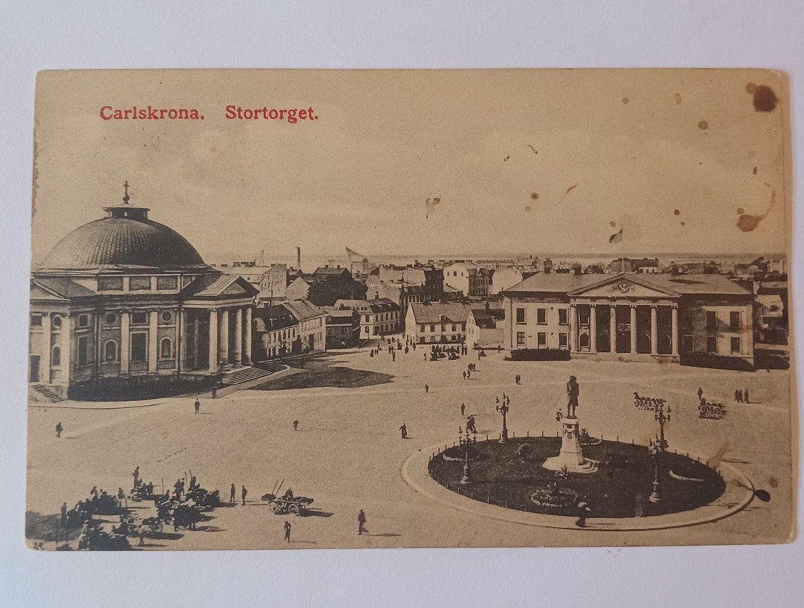 1911 Carlskrona Stortorget postcard. postmarked, stamped.
