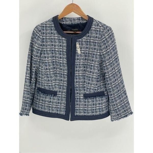 Talbots Blazer Women's Size 8 Tweed Boucle Blue Fringe New