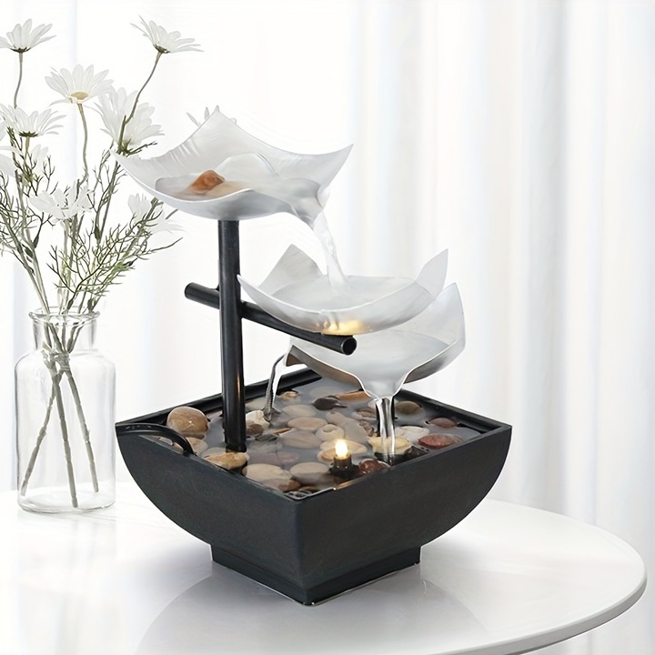 3 Tier Indoor Fountain with USB Powered Pump, Deep Basin with Natural River Rock