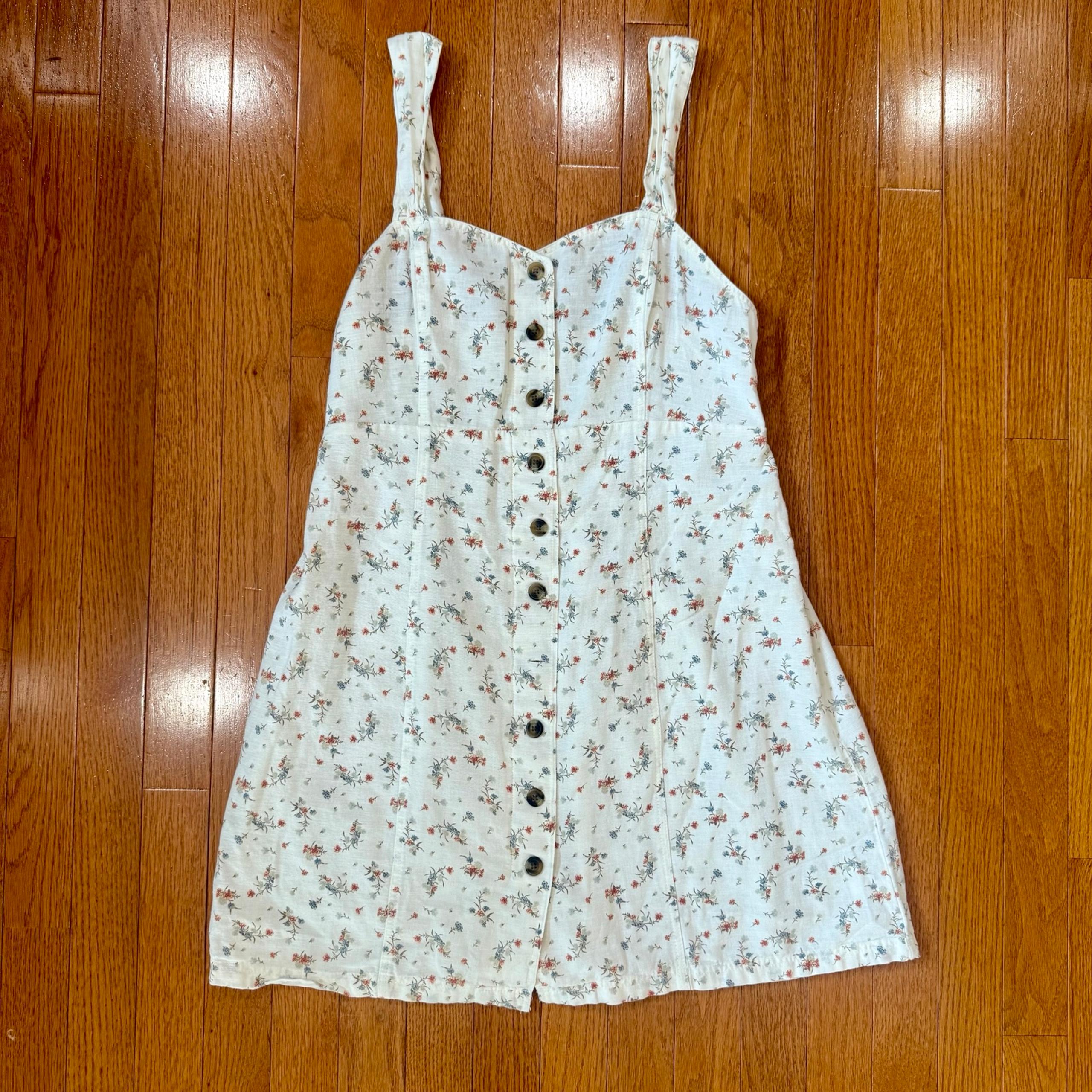 American Eagle Linen Mini Tank Dress Button Front White Floral Women's Medium
