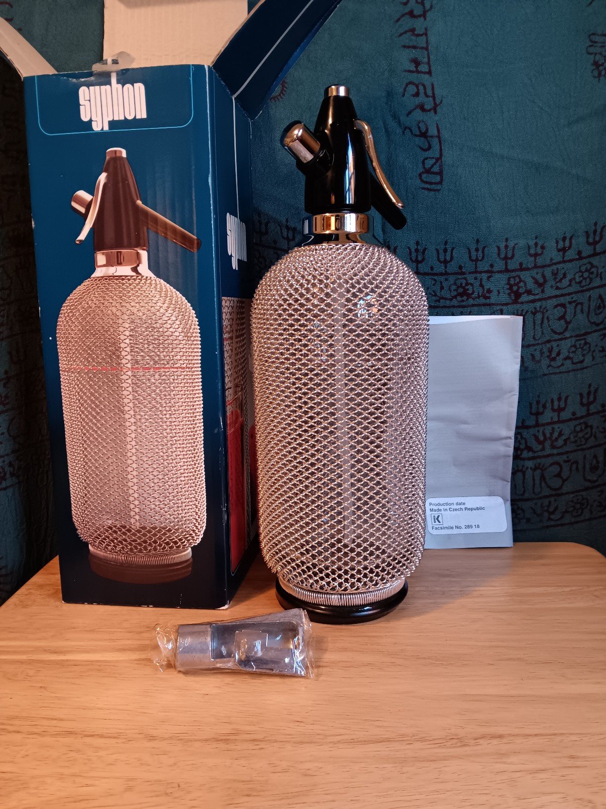 Vintage Kovocas Syphon Seltzer glass bottle with mesh