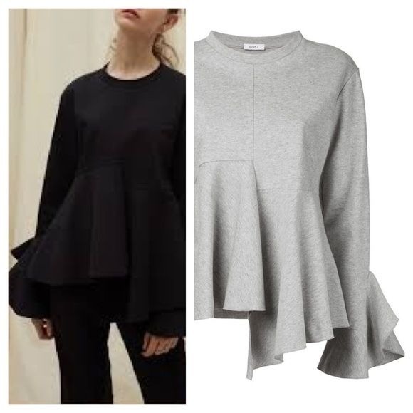 Goen J / asymmetric Bell Sleeved Ruffle Top grey sweatshirt pointe cotton 4