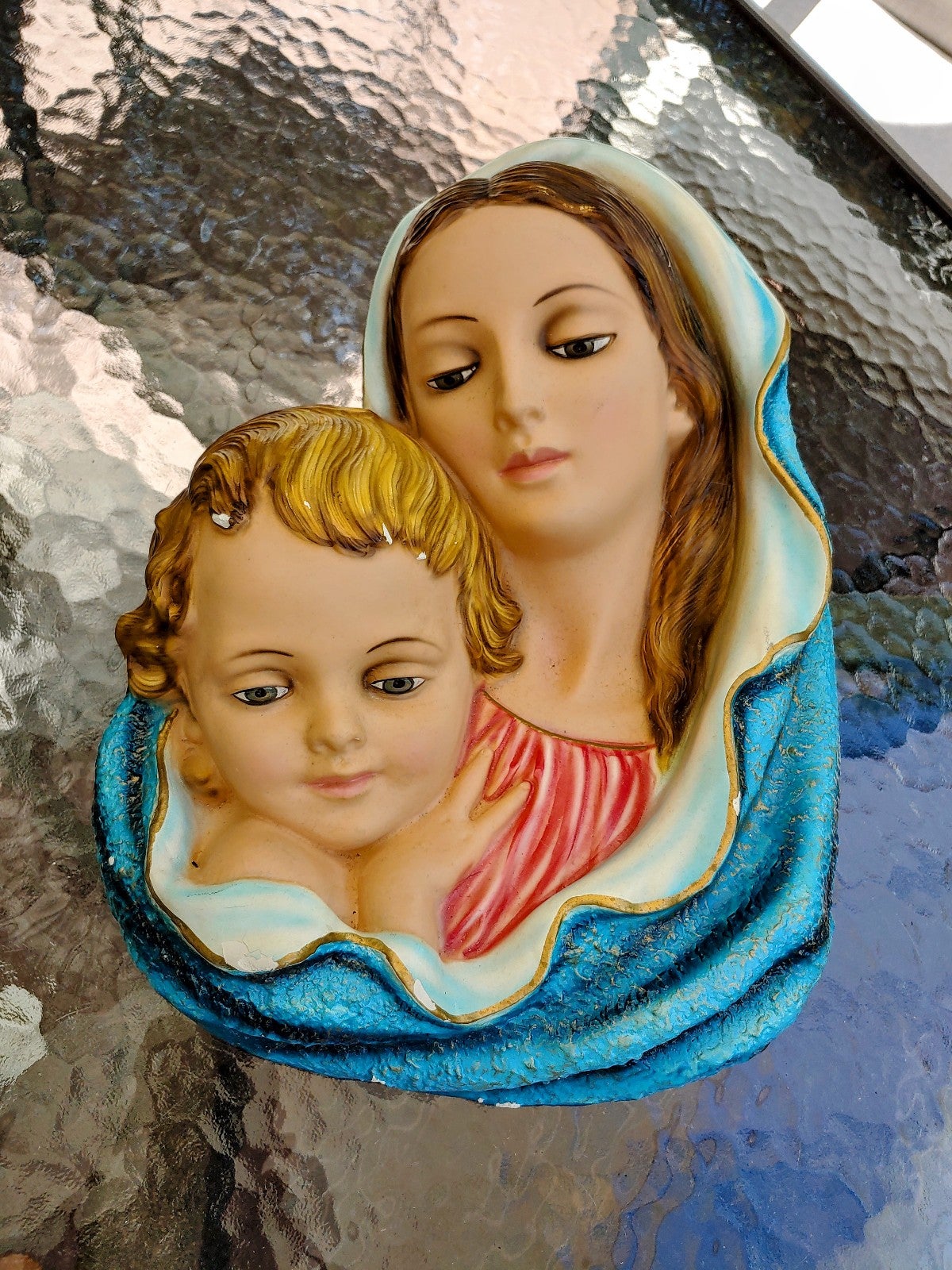 Vintage Madonna and Child ceramic cast wall hanging