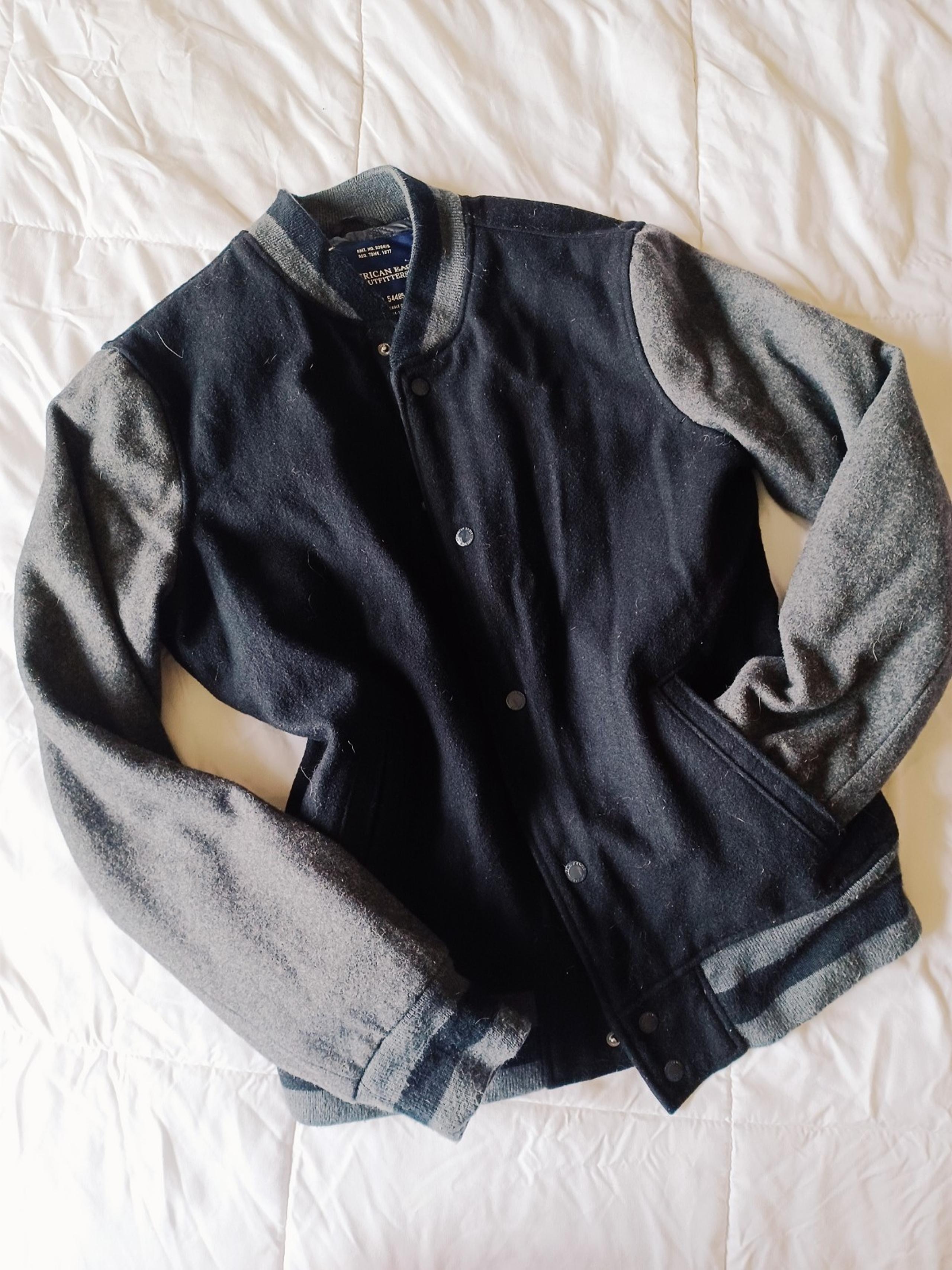 Men's American Eagle Varsity Baseball Lettermen Jacket Suede Wool Black Grey
