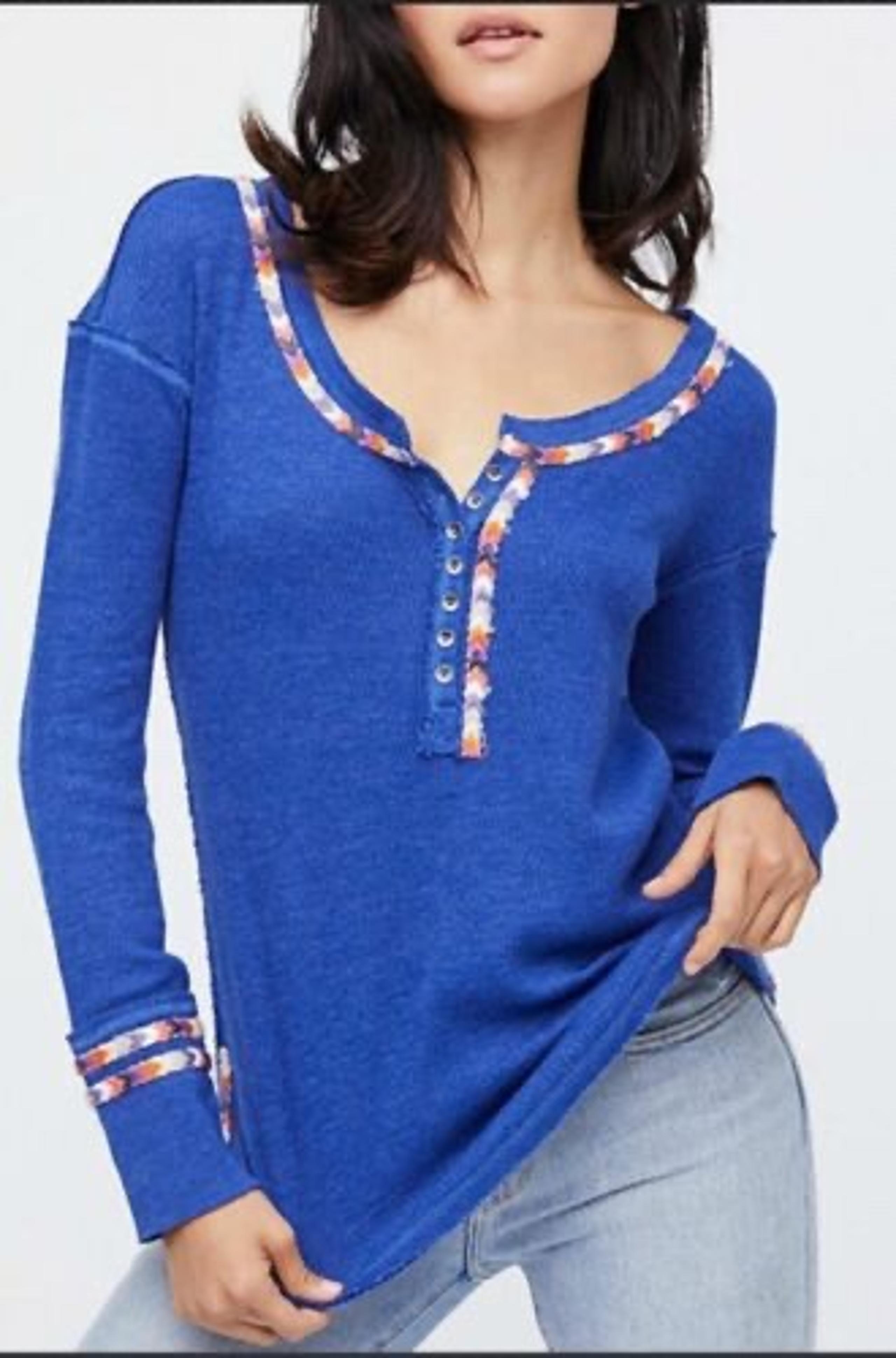 Free People We the Free Blue Rainbow Henley Top, Size XS