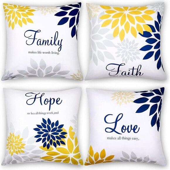 NEW 4 Pcs Yellow Flower Navy Pillow Covers Square Pillow Cushion Cases 18x18