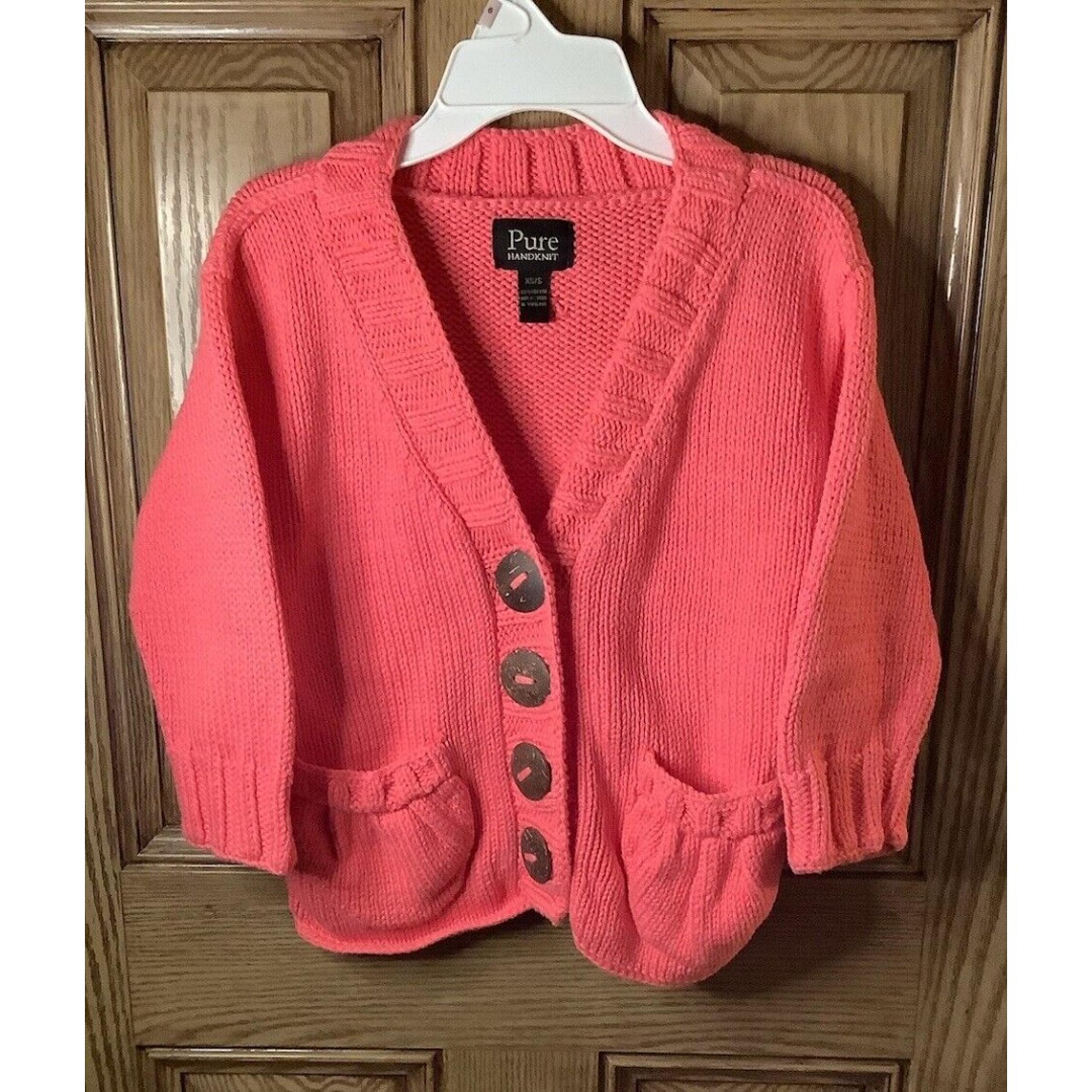 PURE HANDKNIT Chunky Cardigan SWEATER XS/S Pink W/WOODEN BUTTONS