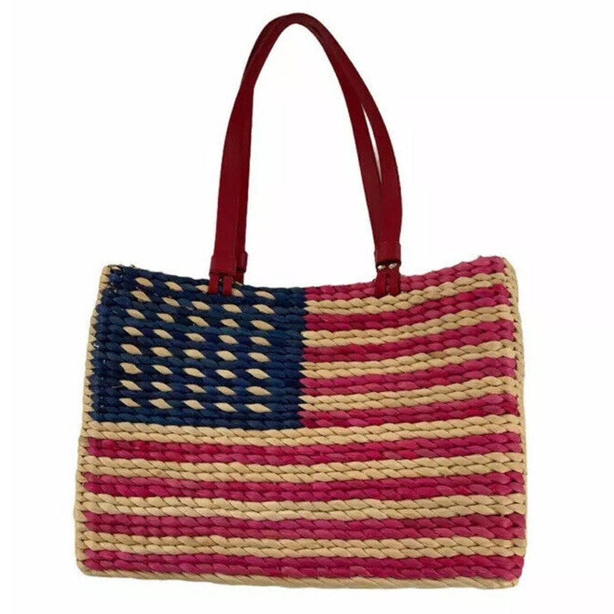 USA American Flag Patriotic Womens Tote Basket Weave Bag Wallet Set Red Blue