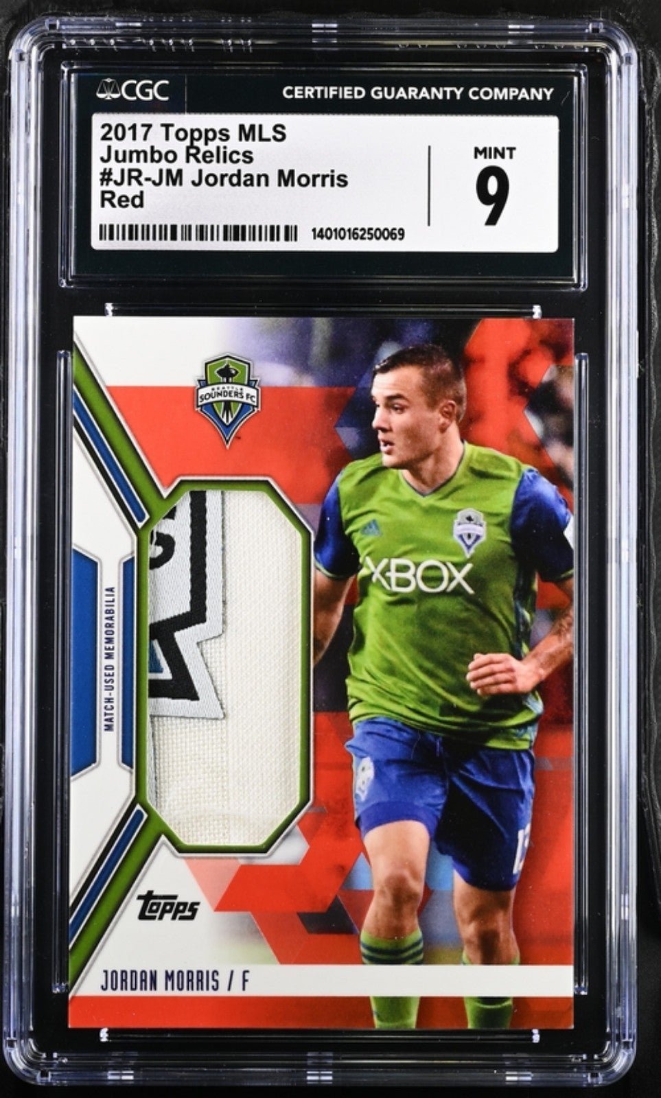 2017 topps MLS jumbo Relic #JR-JM Jordan Morris Red 6 of 15 CGC MINT 9 top pop