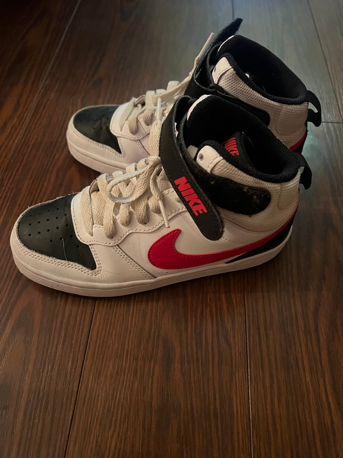Youth red white black Nike court borough high top shoes
