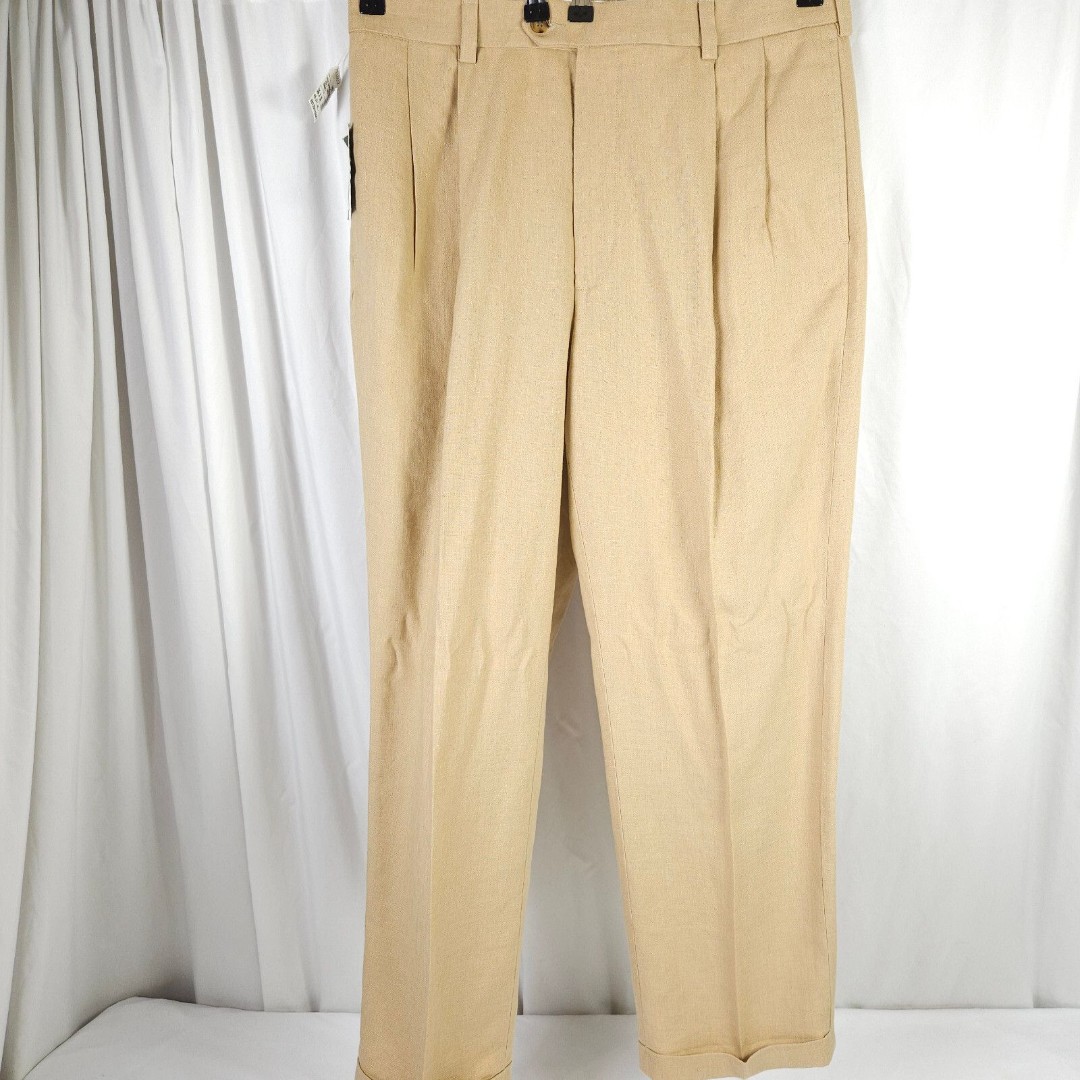 NWT Jos A Bank Mens 36x30 Beige Linen Pleated Cuffed Dress Pants