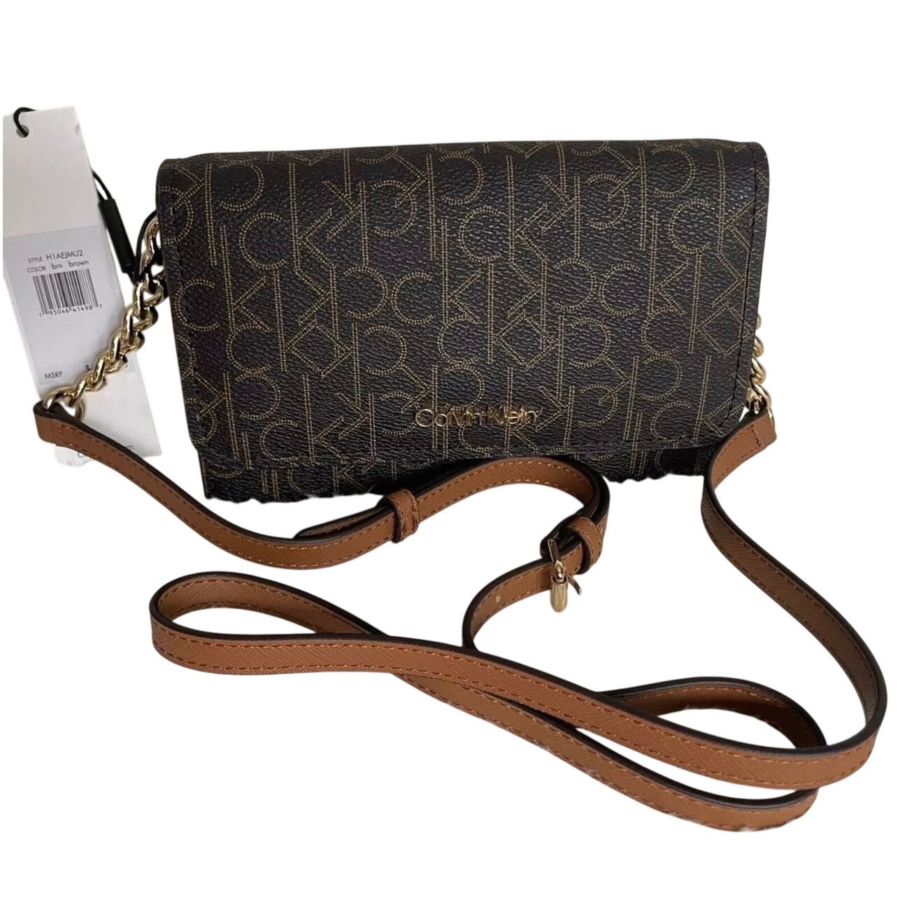 Brand New LOGO CALVIN KLEIN”CK Small Crossbody Black Brown Gold Chain MSRP 138