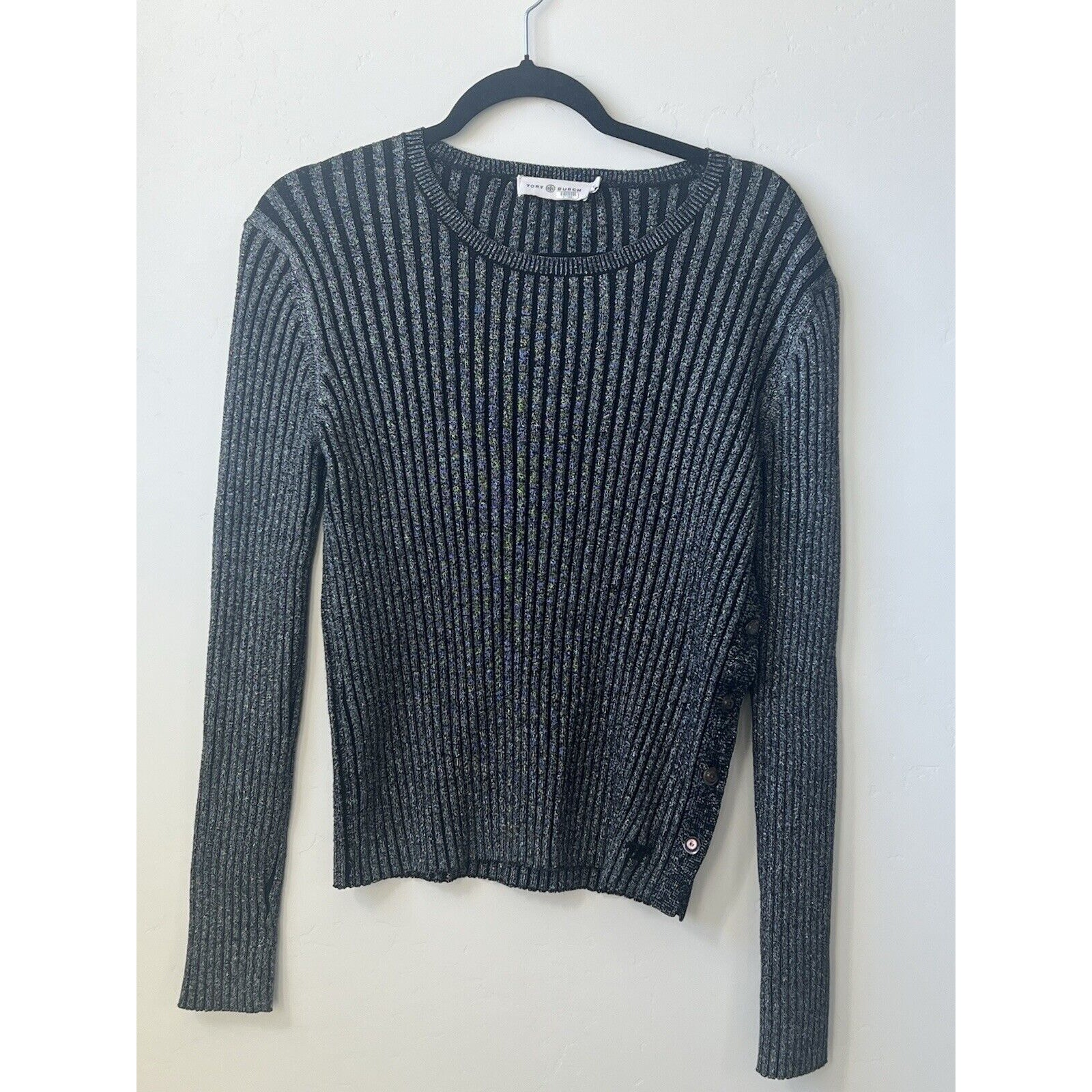 Tory Burch Merino Wool Shimmering Stripe Crewneck Sweater Size Large Retail 448