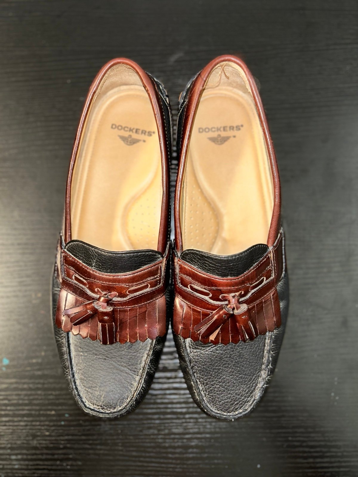 DOCKERS Mens Black/Brown Loafers with Tassels Size 11.5M Leather Shoes 90-7102