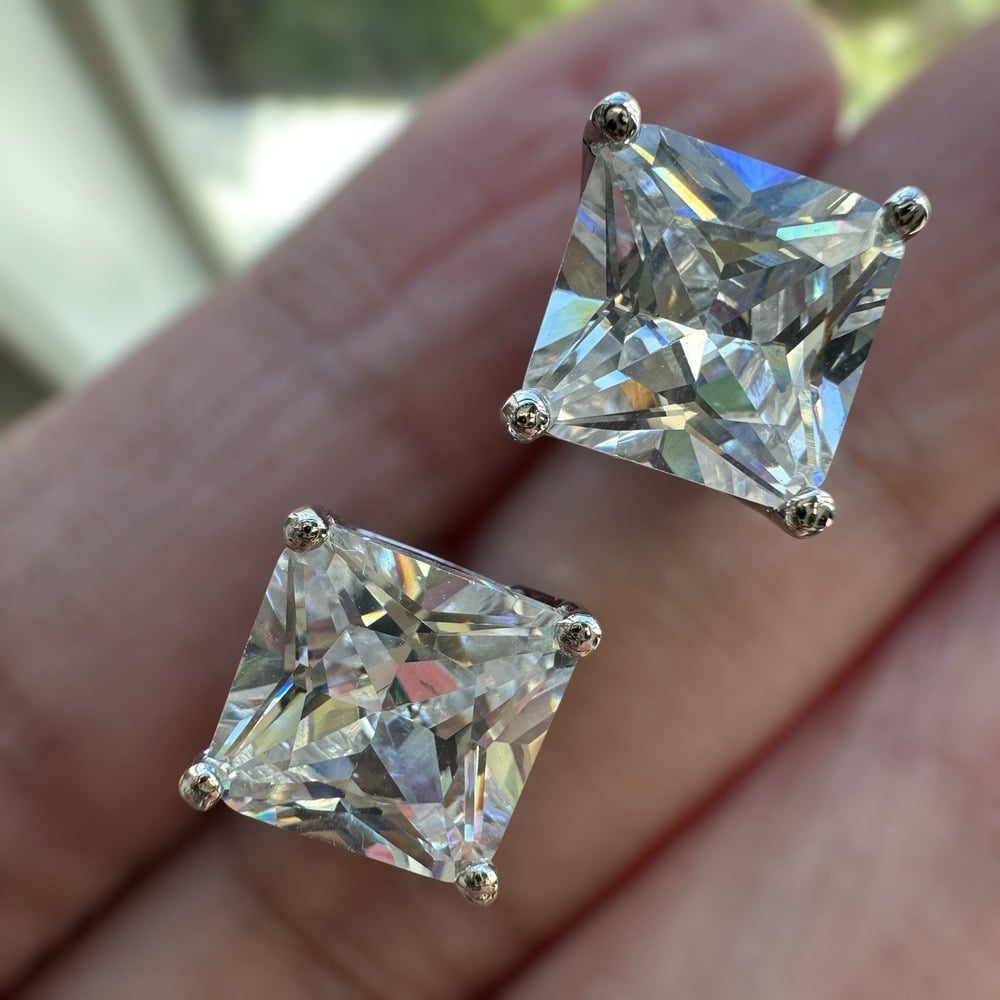 Vintage Stud Earrings Princess Cut Cubic Zirconia Fire Play 925 Sterling Silver